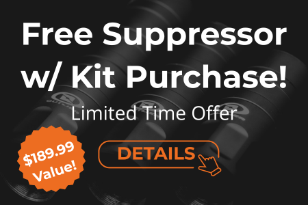 Promotion for a free suppressor with a kit purchase, highlighting a limited time offer and $189.99 value.