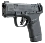 A black semi-automatic handgun facing slightly left.
