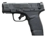 A black semi-automatic handgun shown from the left side.