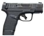 A black semi-automatic pistol isolated on a white background.