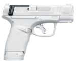 Side view of a white handgun with a textured grip and black slide.