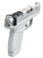 A silver semi-automatic handgun viewed from the rear, showing the grip and slide.