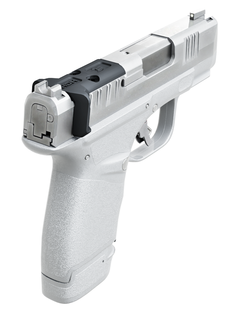 A silver semi-automatic handgun viewed from the rear, showing the grip and slide.