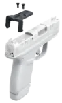 A white handgun with a black attachment and two screws.