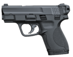 Illustration of a black semi-automatic handgun, side view.