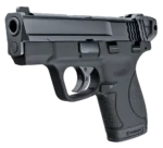 A black semi-automatic pistol viewed from a slight angle.