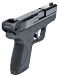 A black semi-automatic handgun viewed from the rear, showcasing its grip and slide.