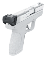 A handgun with a sleek, silver and black design angled slightly downward.
