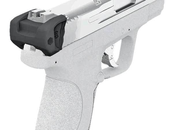 A handgun with a sleek, silver and black design angled slightly downward.