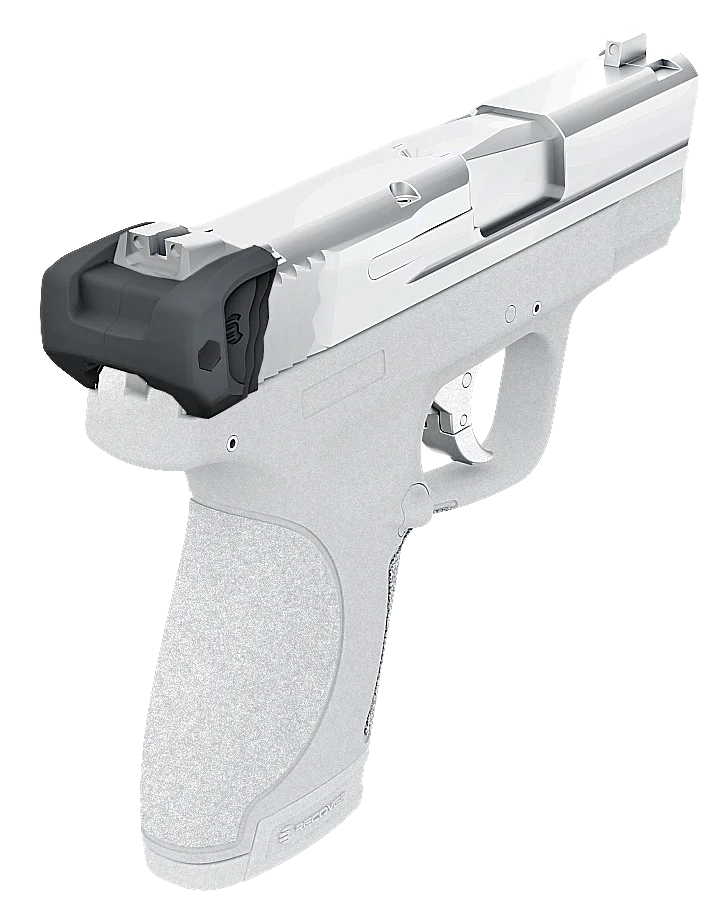 A handgun with a sleek, silver and black design angled slightly downward.