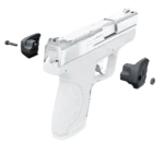 A handgun with two detached parts and screws floating near it.
