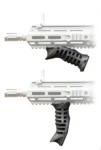Two futuristic gun grips are displayed against a white background.