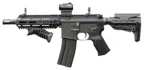 A black tactical rifle with a scope, vertical grip, and adjustable stock, shown in profile.