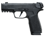 Black semi-automatic pistol with textured grip and tactical rail.