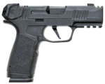 Side view of a black handgun with a textured grip.