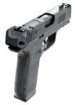 Black handgun facing upward and slightly angled, showing grip texture and sights.