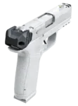 A white and gray handgun with a black attachment on the back of the slide.