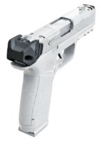 A white and gray handgun with a black attachment on the back of the slide.