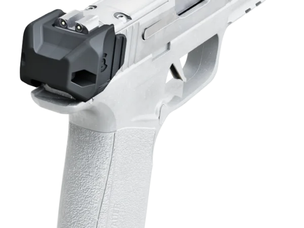 A white and gray handgun with a black attachment on the back of the slide.