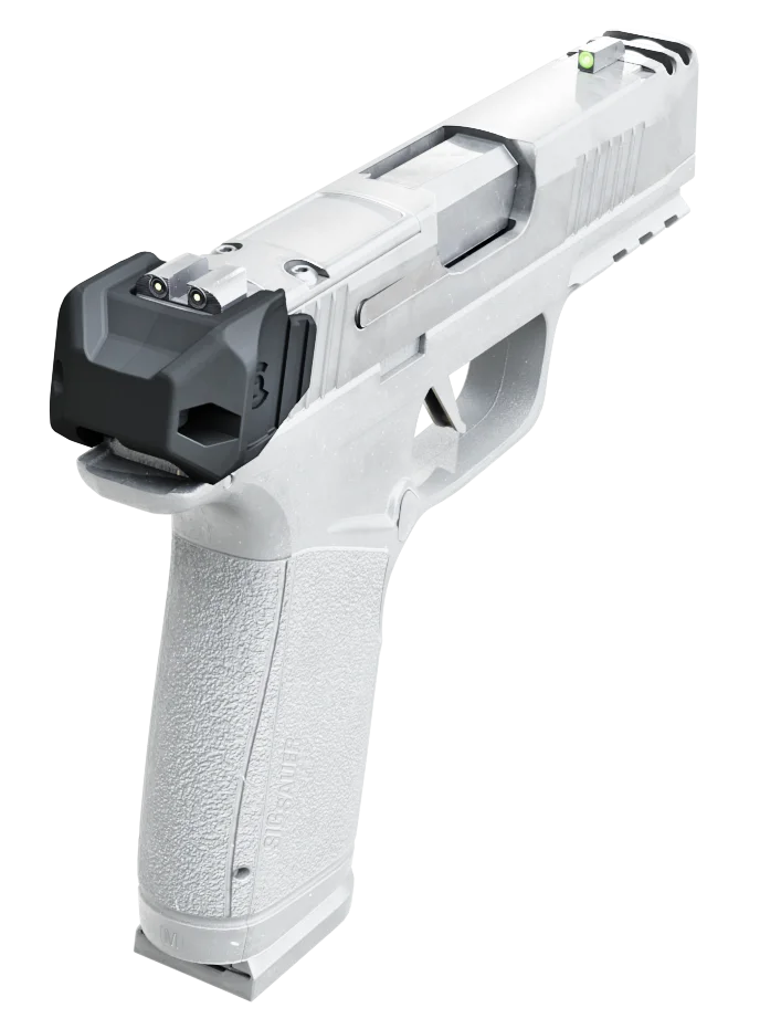 A white and gray handgun with a black attachment on the back of the slide.
