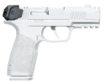 A white semi-automatic pistol with a textured grip and a black attachment near the breech.