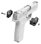 A semi-automatic pistol with detailed components shown separately.