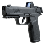 Black handgun with a mounted sight, viewed from a slight angle.