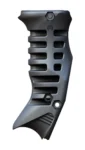 Textured black ergonomic grip with grooves and screw holes.