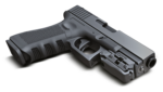 A black semi-automatic handgun with textured grip and visible barrel.