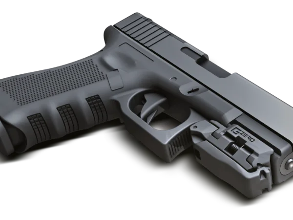 A black semi-automatic handgun with textured grip and visible barrel.