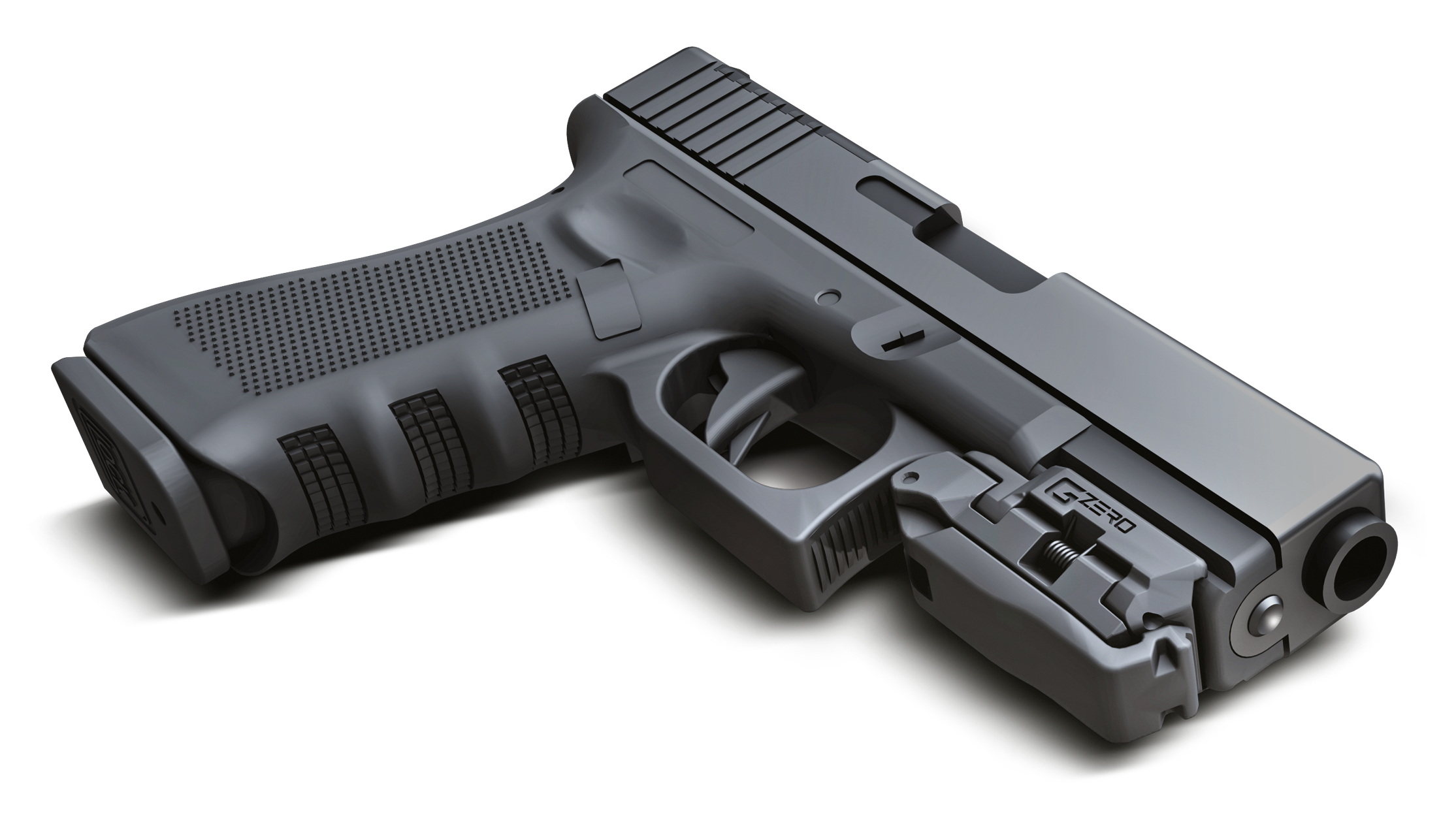 A black semi-automatic handgun with textured grip and visible barrel.