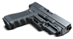 Black handgun with tactical attachment on a dark background.