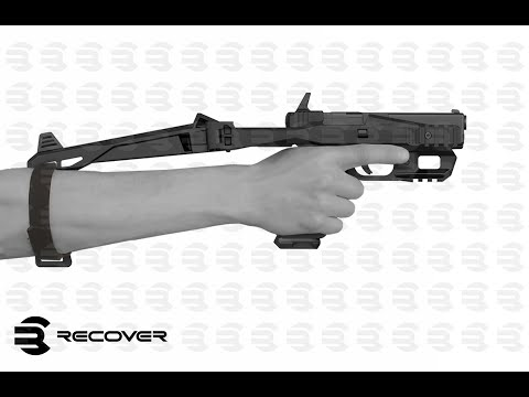 A hand holding a pistol with an attached pistol braces, displayed against a patterned background with "Recover" logo.
