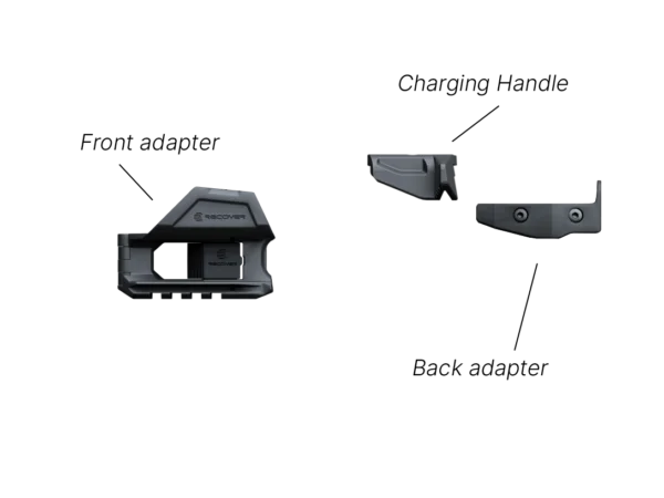 Diagram showing labeled parts of a firearm adapter, including front adapter, back adapter, and charging handle.