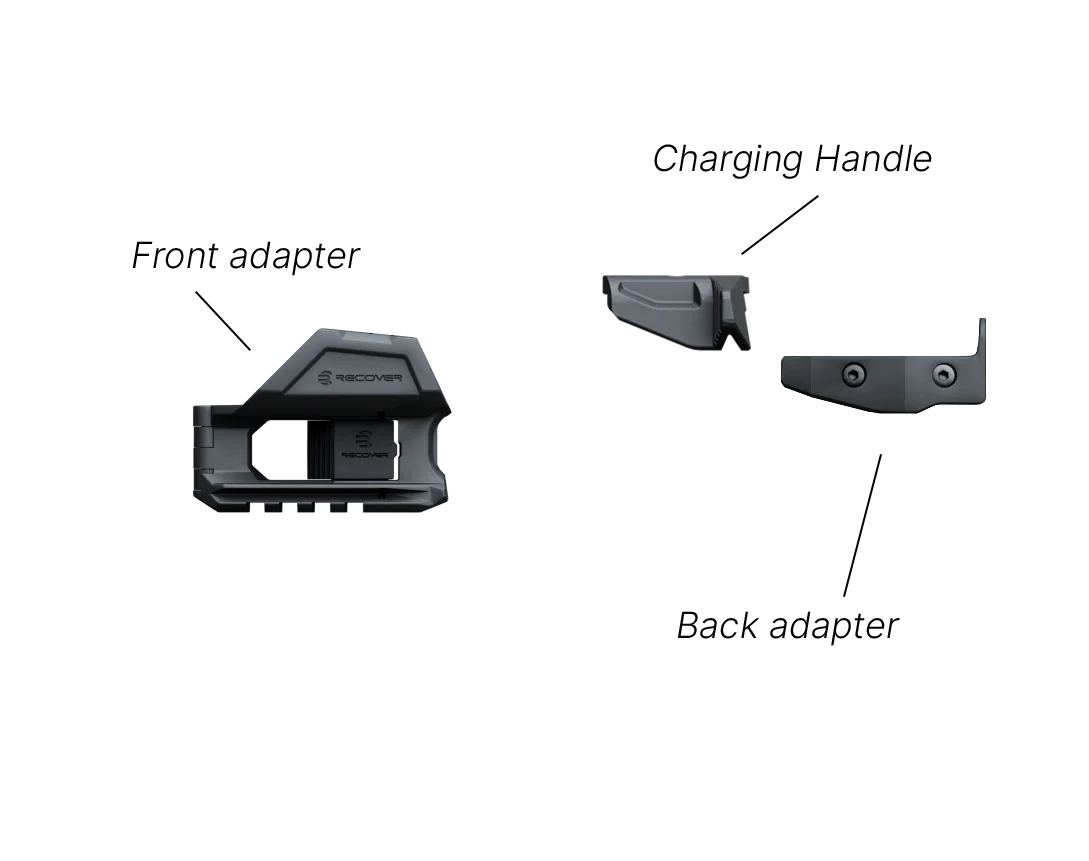 Diagram showing labeled parts of a firearm adapter, including front adapter, back adapter, and charging handle.