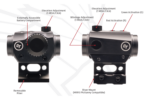 Two labeled views of a rifle sight with adjustment and activation details.