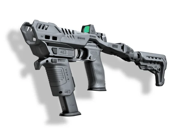 A tactical firearm with a modern design and a holographic sight.