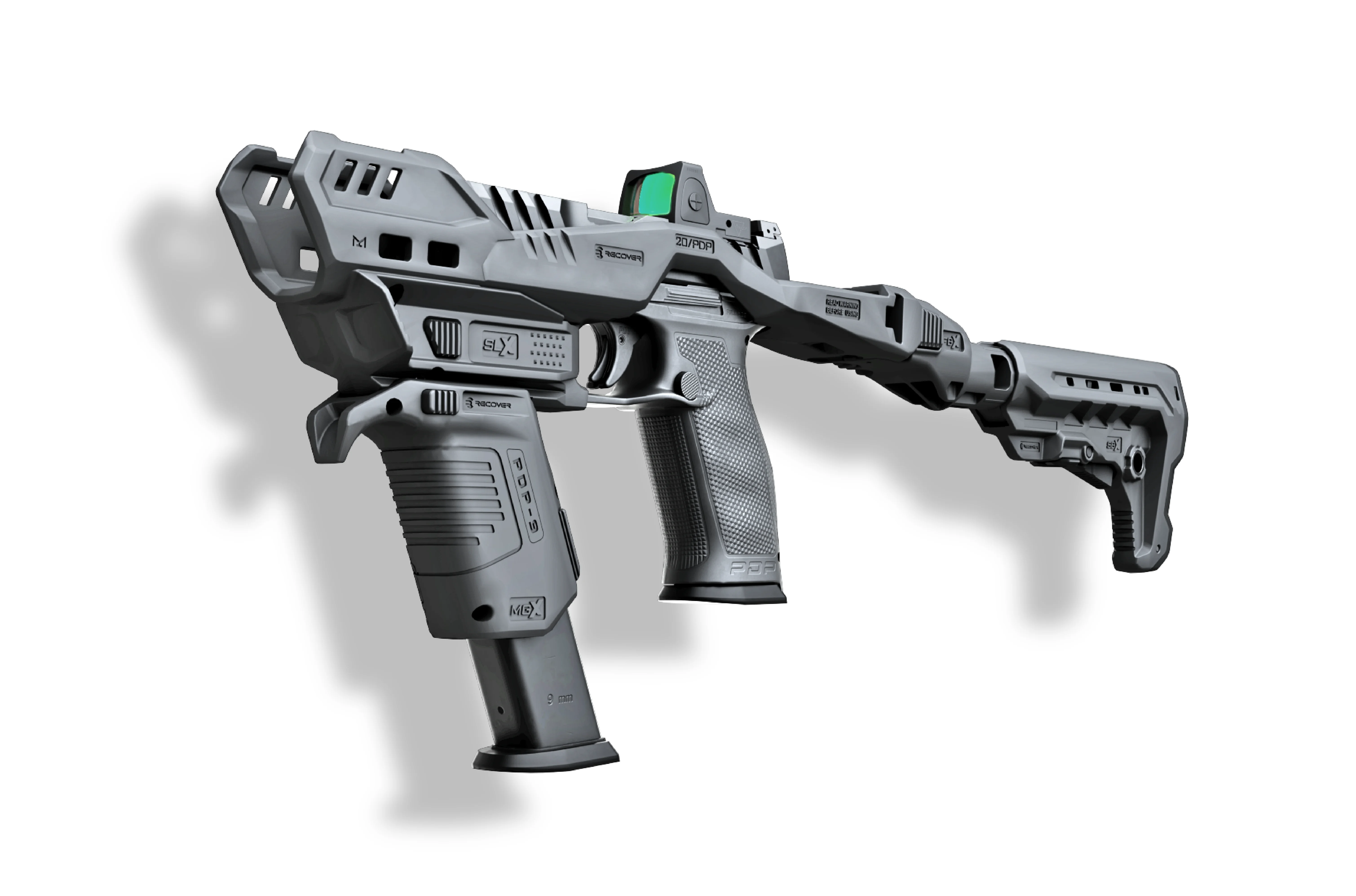 A tactical firearm with a modern design and a holographic sight.